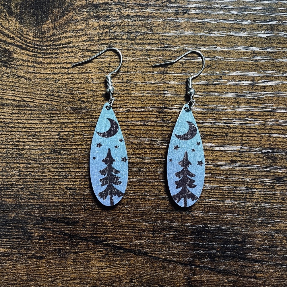 🟢 FREE WITH ANY PURCHASE OVER $10. Pine Tree Star Moon Earrings Wood Blue, Black
